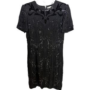 Vintage Papell Boutique Evening Dress Black 8 Sequins Cocktail Party Knee Length